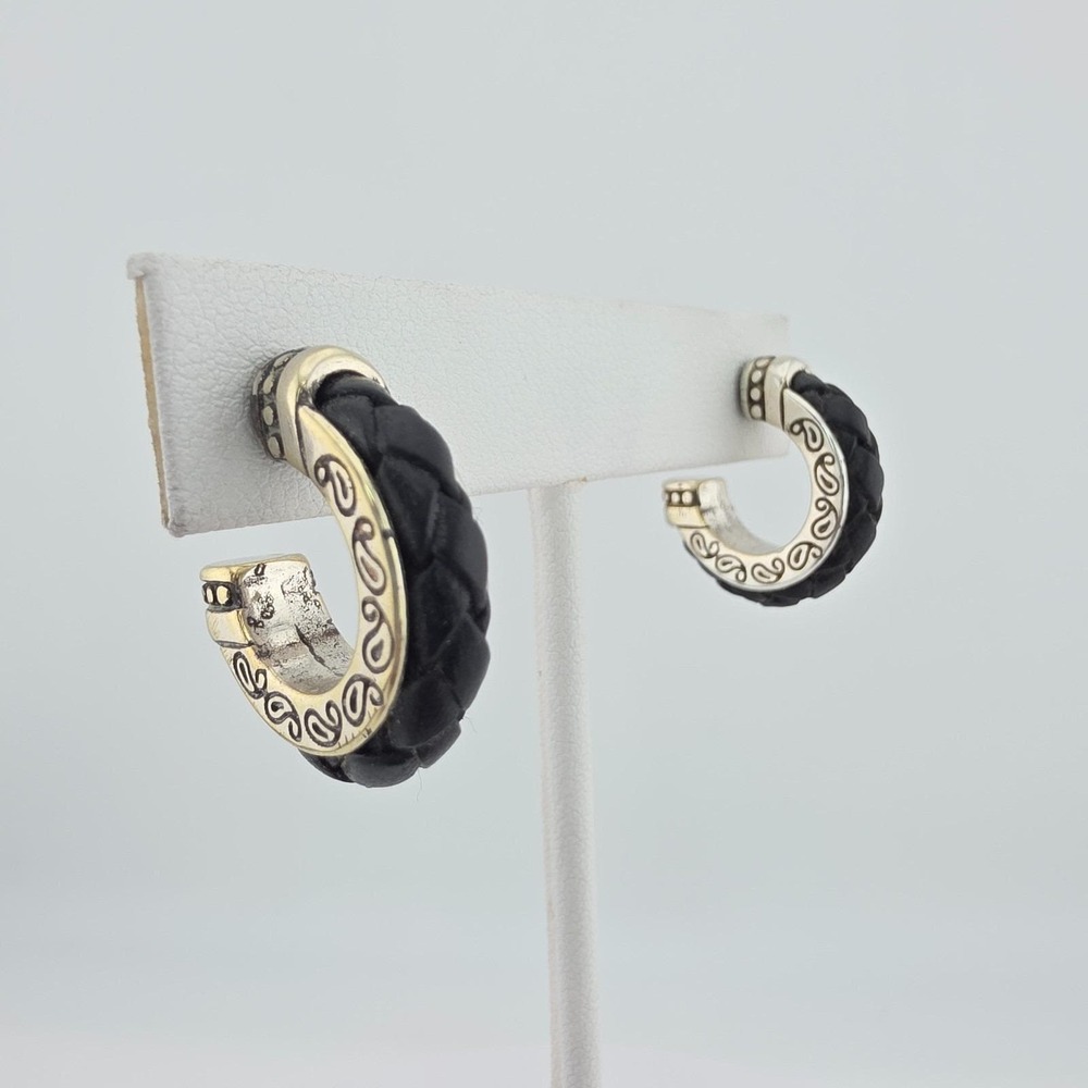 BRIGHTON 'Ophelia' Hoop Earrings Black Braided Leather Scrollwork Silver Plate
